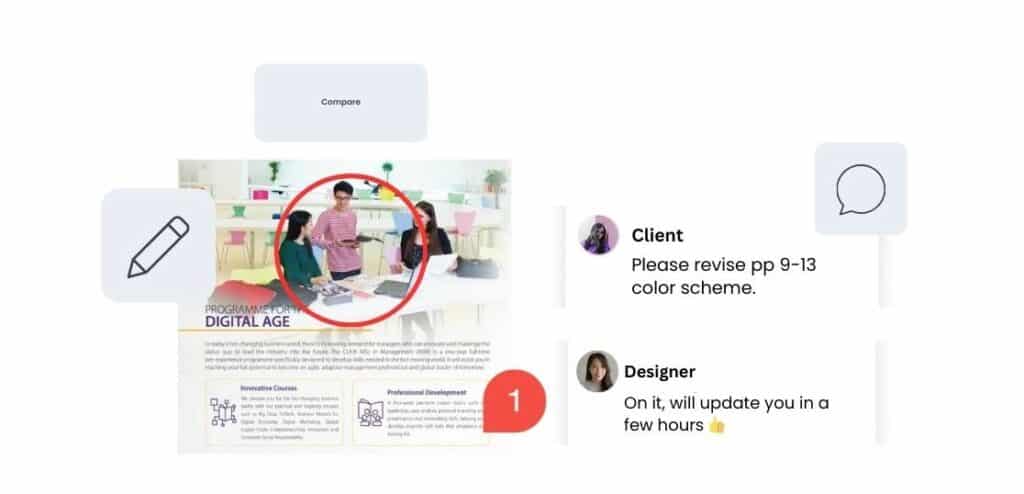 Encircled graphic design and a comment for revision by the client responded by the designer