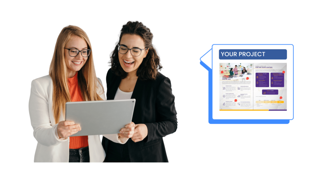 Two women checking project graphic designs