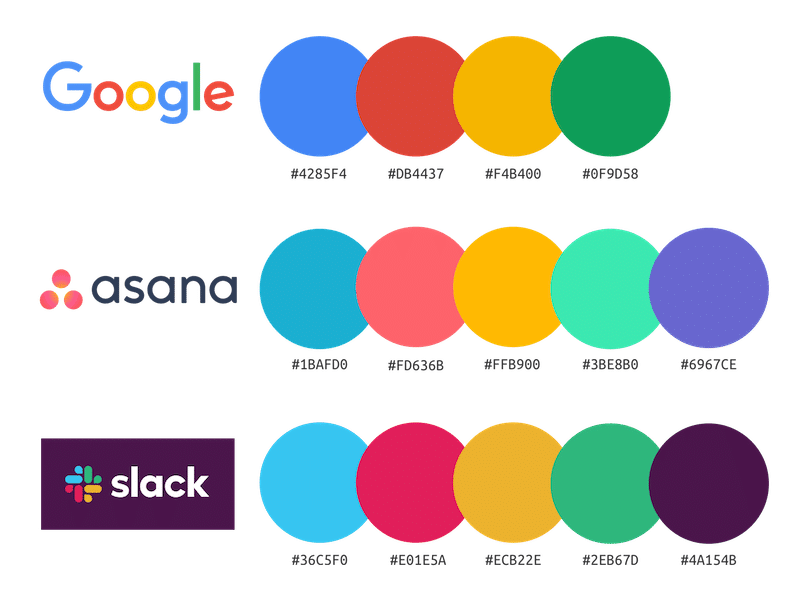 Example of Color Palettes from Google, Asana, and Slack, for Brand Style Guide